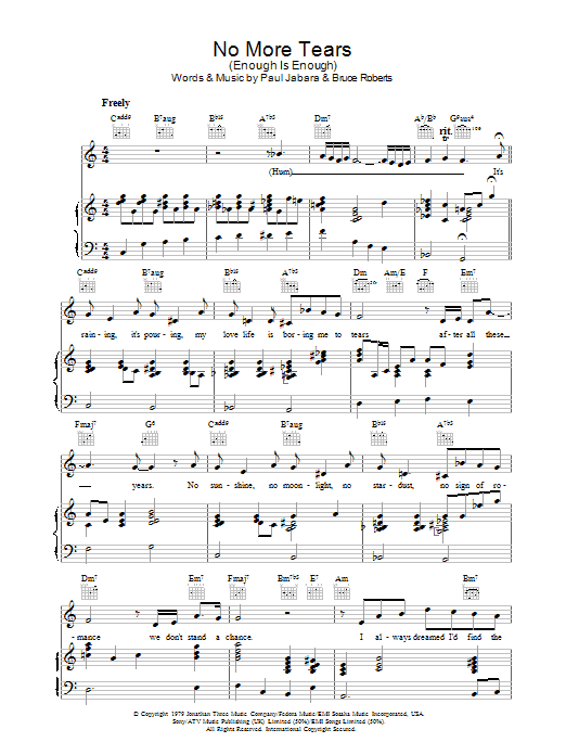 Donna Summer No More Tears (Enough Is Enough) sheet music notes and chords arranged for Piano, Vocal & Guitar Chords