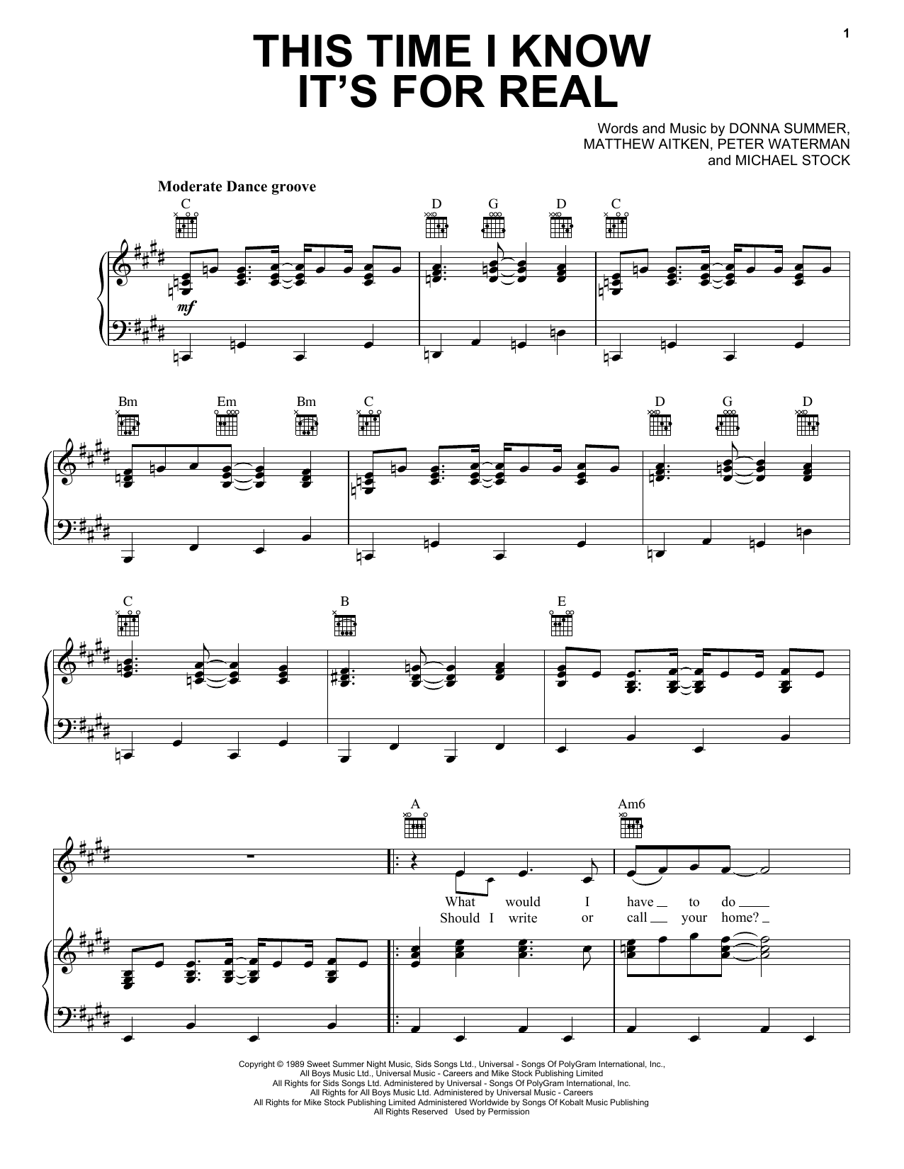 Donna Summer This Time I Know It's For Real sheet music notes and chords arranged for Piano, Vocal & Guitar Chords (Right-Hand Melody)