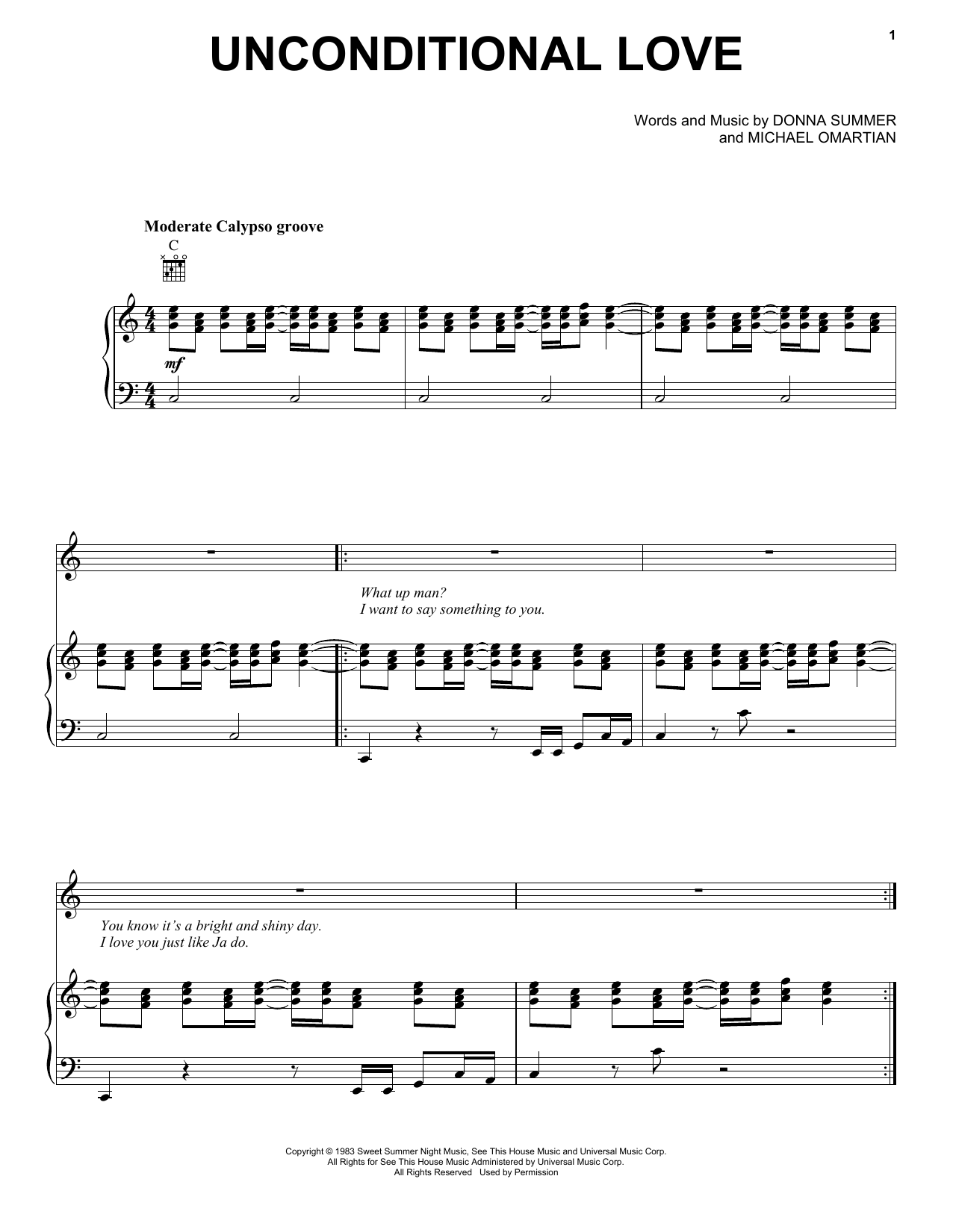 Donna Summer Unconditional Love sheet music notes and chords arranged for Piano, Vocal & Guitar Chords (Right-Hand Melody)