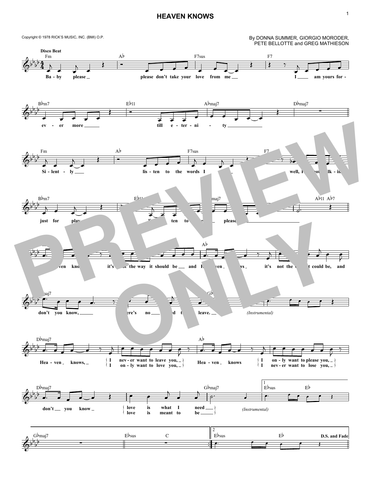 Donna Summer w/Brooklyn Dreams Heaven Knows sheet music notes and chords arranged for Lead Sheet / Fake Book