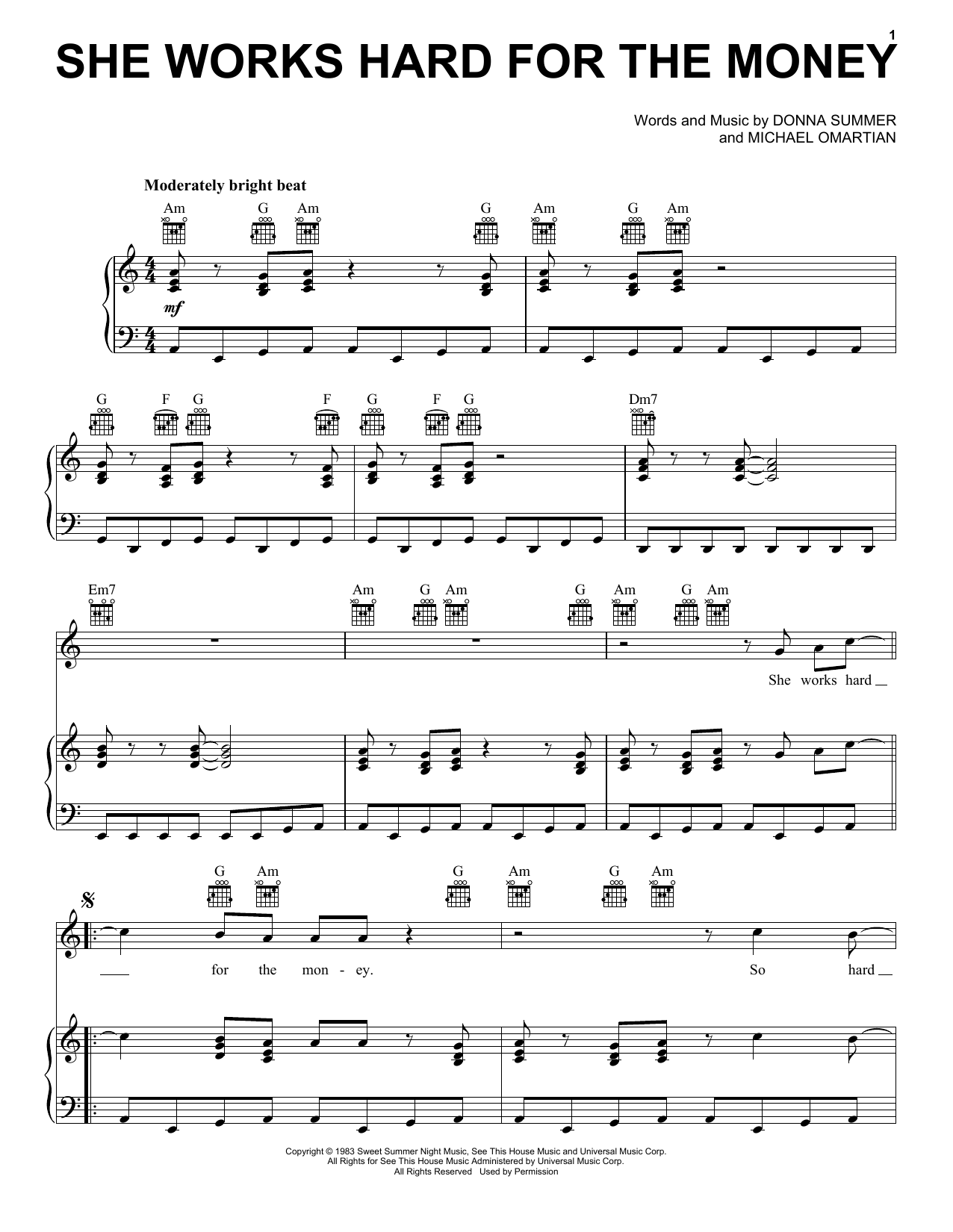 Donna Summer She Works Hard For The Money sheet music notes and chords arranged for Real Book – Melody, Lyrics & Chords