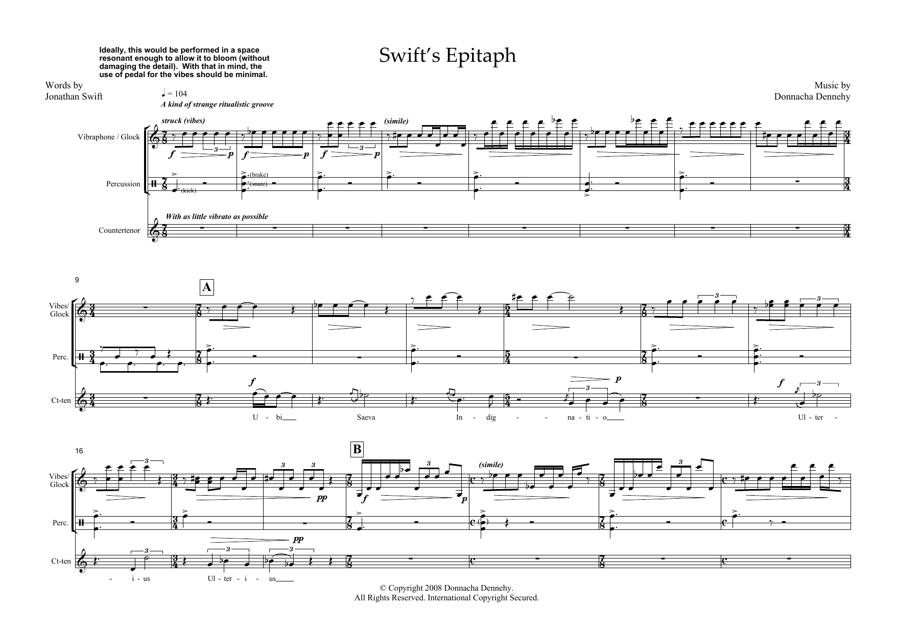 Donnacha Dennehy Swift's Epitaph (for counter-tenor and percussion) sheet music notes and chords arranged for Piano & Vocal