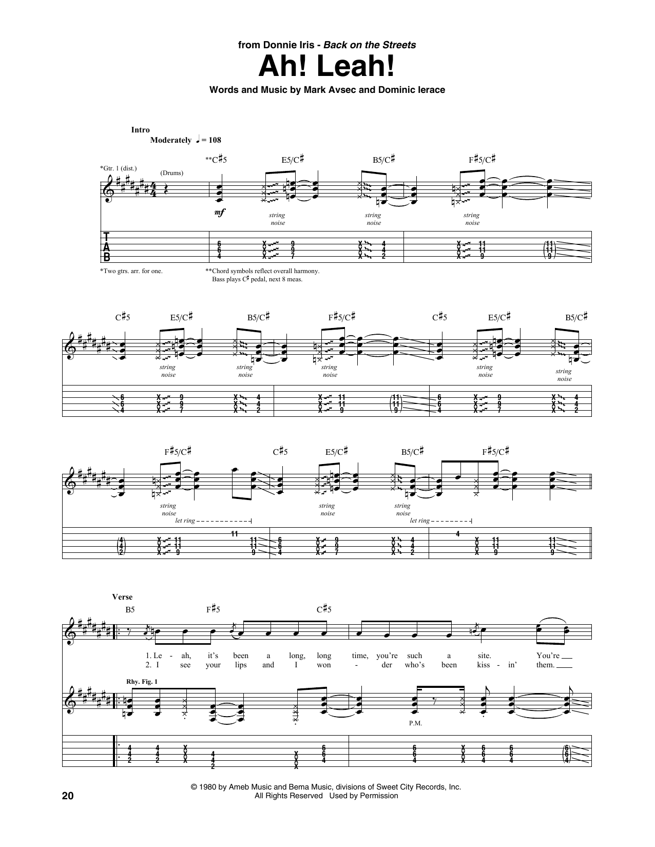 Donnie Iris Ah! Leah! sheet music notes and chords arranged for Guitar Tab
