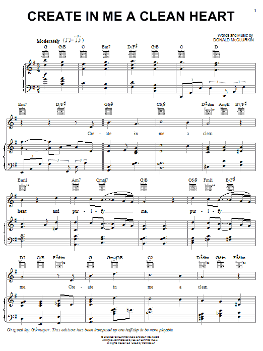 Donnie McClurkin Create In Me A Clean Heart sheet music notes and chords arranged for Piano, Vocal & Guitar Chords (Right-Hand Melody)