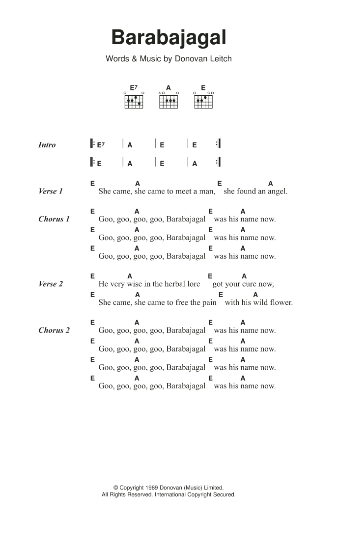 Donovan Barabajagal sheet music notes and chords arranged for Guitar Chords/Lyrics