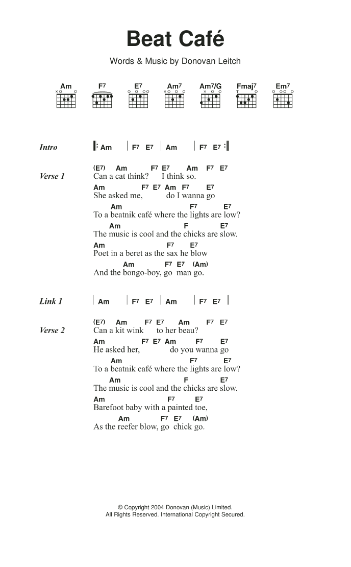 Donovan Beat Cafe sheet music notes and chords arranged for Guitar Chords/Lyrics