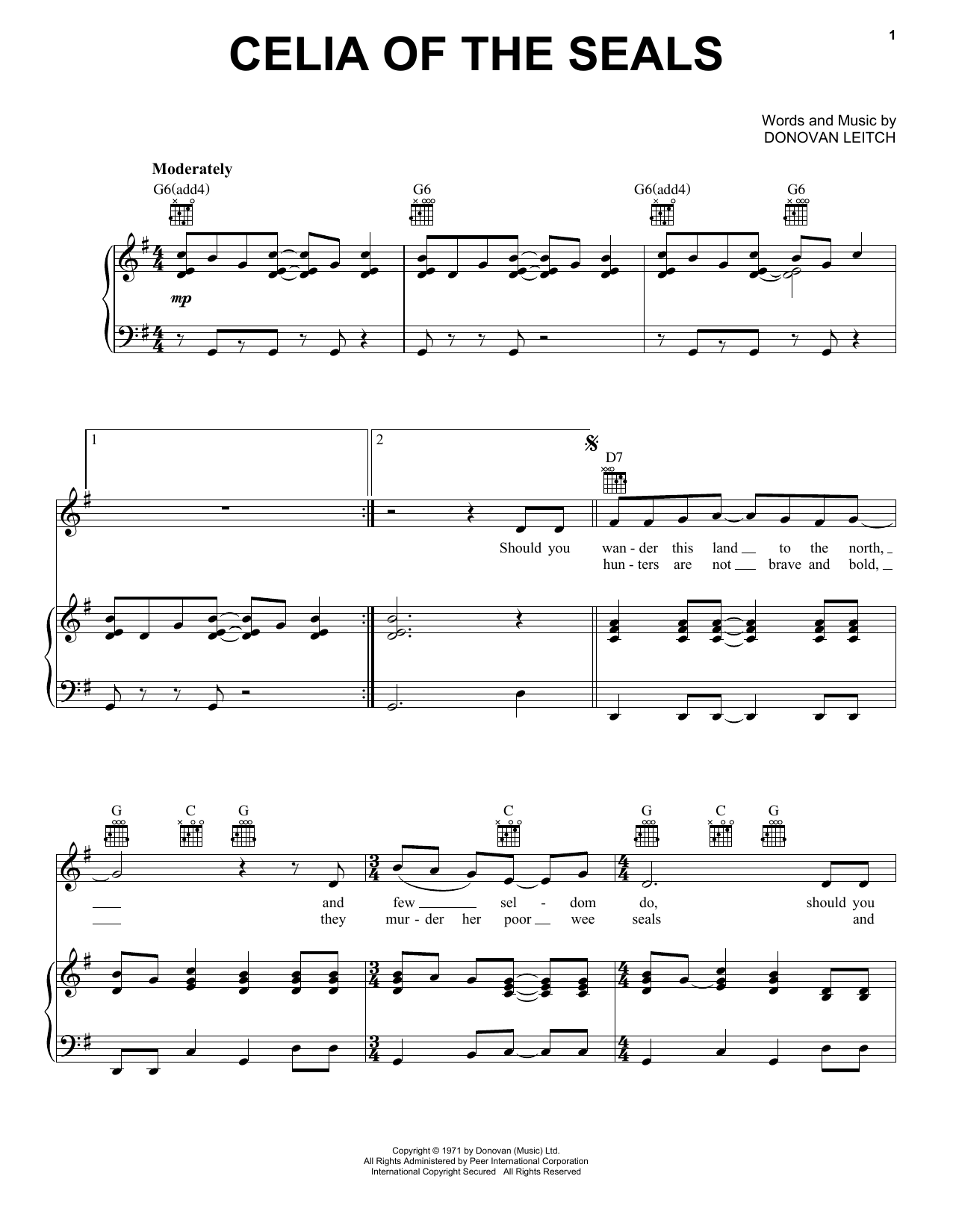Donovan Celia Of The Seals sheet music notes and chords arranged for Piano, Vocal & Guitar Chords (Right-Hand Melody)