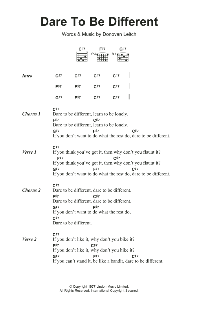 Donovan Dare To Be Different sheet music notes and chords arranged for Guitar Chords/Lyrics