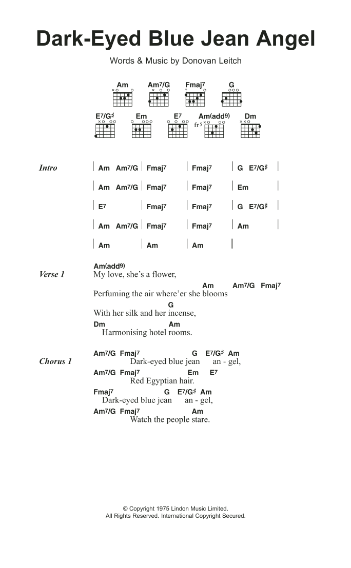 Donovan Dark Eyed Blue Jean Angel sheet music notes and chords arranged for Guitar Chords/Lyrics