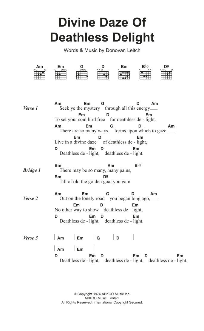 Donovan Divine Daze Of Deathless Delight sheet music notes and chords arranged for Guitar Chords/Lyrics