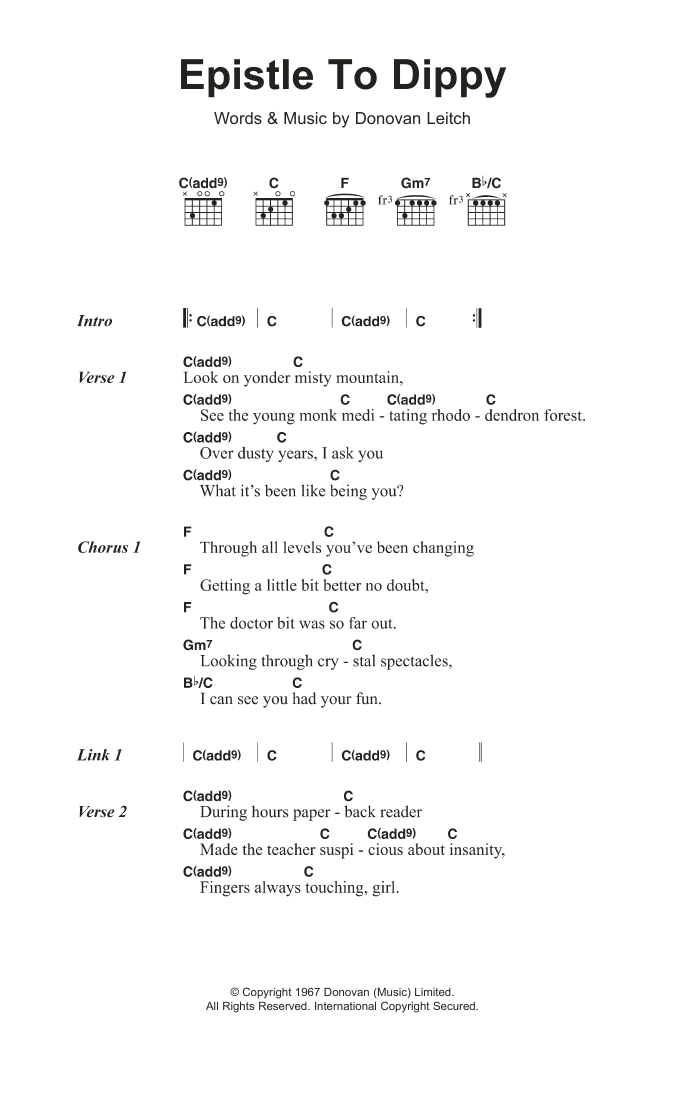 Donovan Epistle To Dippy sheet music notes and chords arranged for Guitar Chords/Lyrics