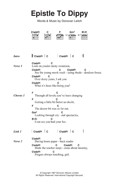 Donovan Epistle To Dippy sheet music notes and chords arranged for Guitar Chords/Lyrics