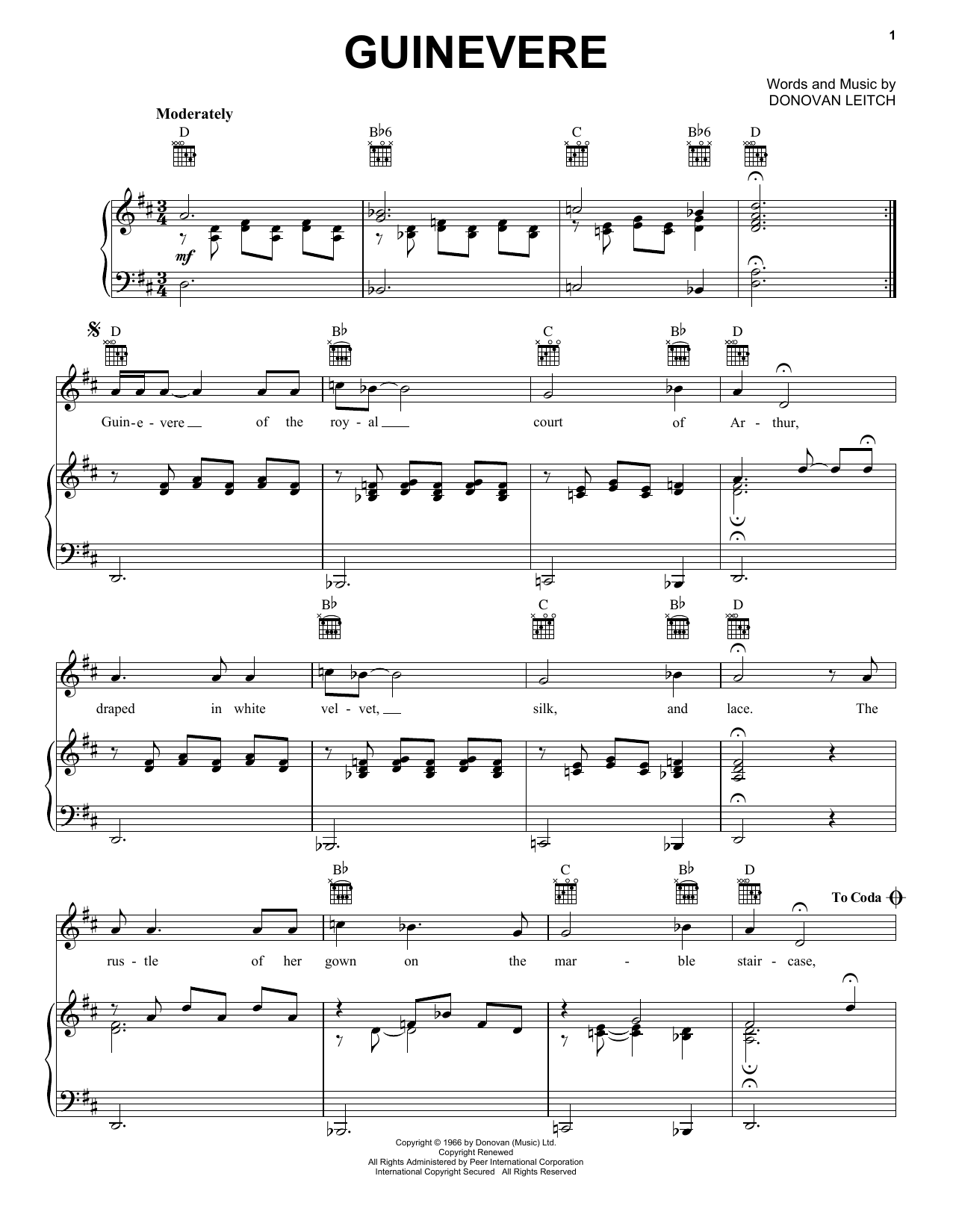 Donovan Guinevere sheet music notes and chords arranged for Piano, Vocal & Guitar Chords (Right-Hand Melody)