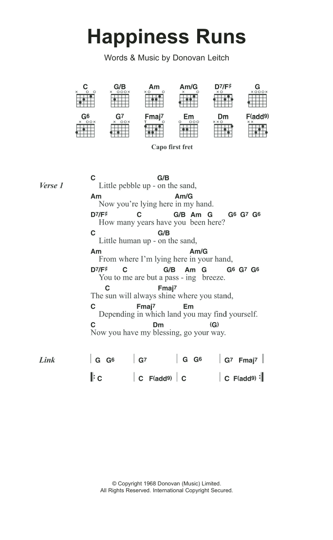 Donovan Happiness Runs sheet music notes and chords arranged for Guitar Chords/Lyrics
