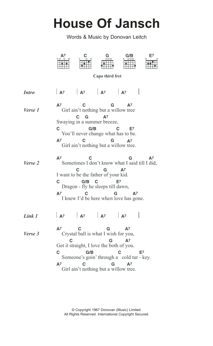 Donovan House Of Jansch sheet music notes and chords arranged for Guitar Chords/Lyrics