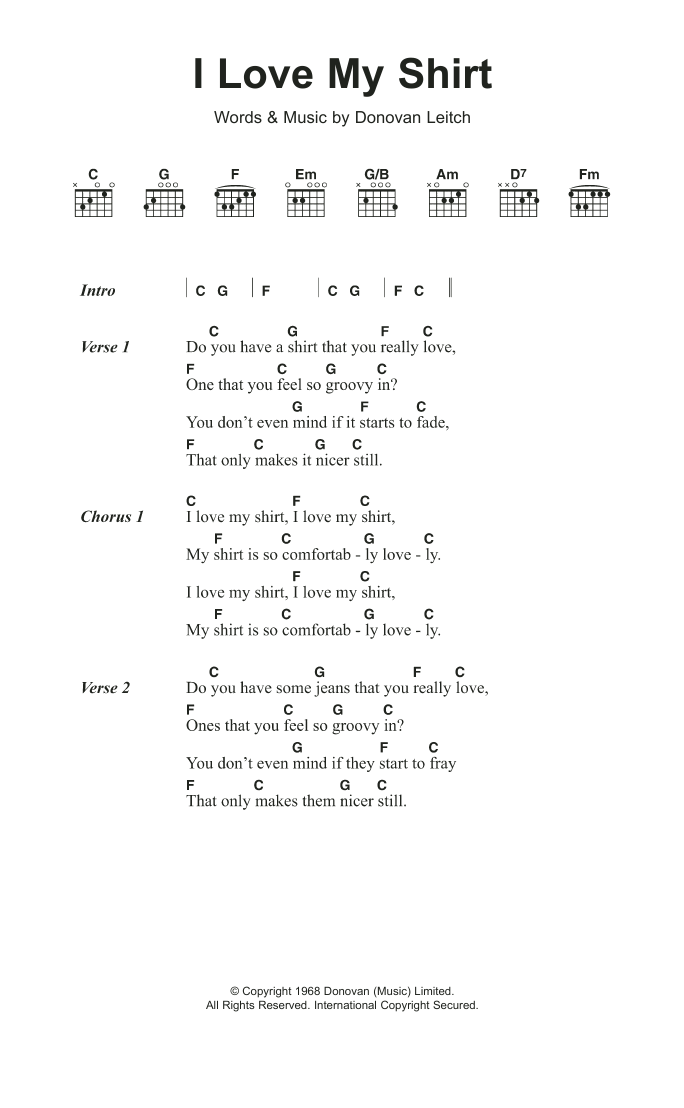 Donovan I Love My Shirt sheet music notes and chords arranged for Guitar Chords/Lyrics