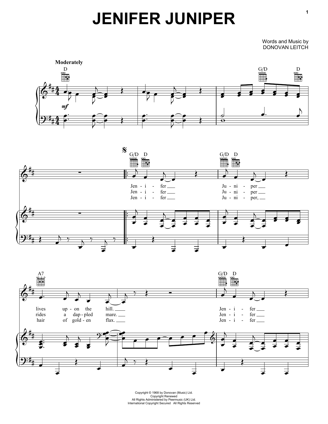 Donovan Jenifer Juniper sheet music notes and chords arranged for Piano, Vocal & Guitar Chords (Right-Hand Melody)
