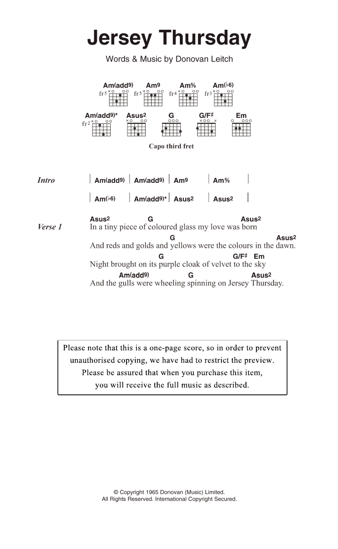Donovan Jersey Thursday sheet music notes and chords arranged for Guitar Chords/Lyrics