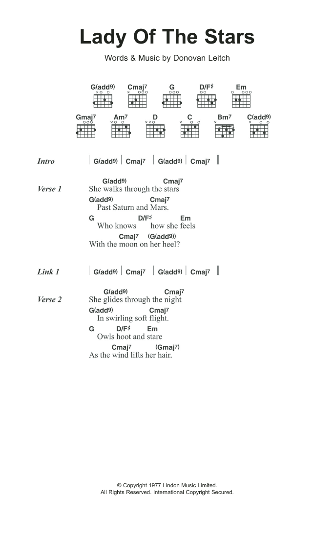 Donovan Lady Of The Stars sheet music notes and chords arranged for Guitar Chords/Lyrics