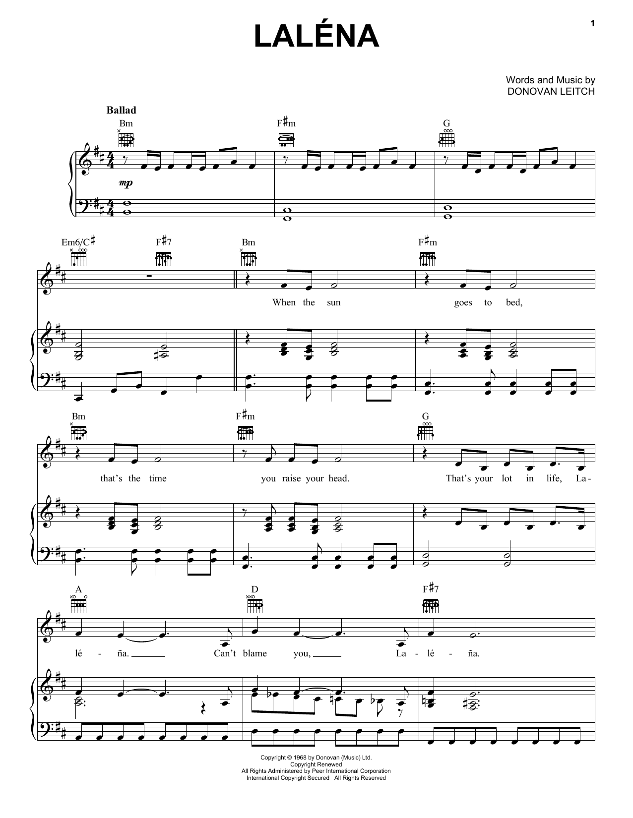 Donovan Lalena sheet music notes and chords arranged for Piano, Vocal & Guitar Chords (Right-Hand Melody)