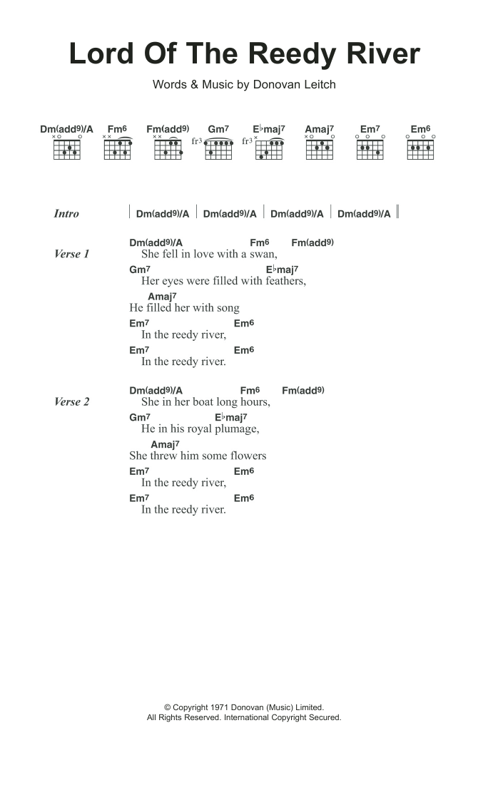 Donovan Lord Of The Reedy River sheet music notes and chords arranged for Guitar Chords/Lyrics