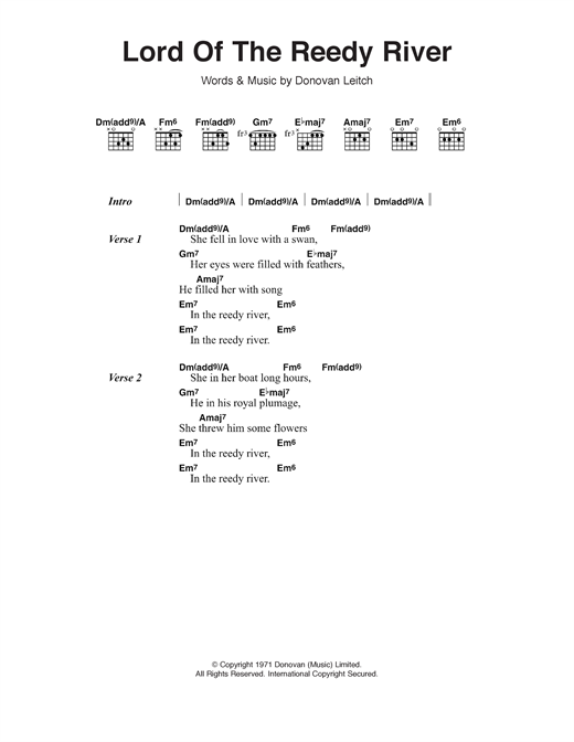 Donovan Lord Of The Reedy River sheet music notes and chords arranged for Guitar Chords/Lyrics