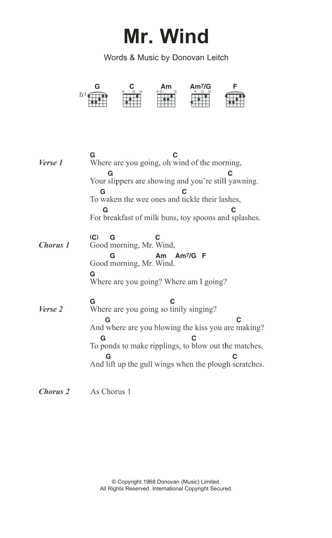 Donovan Mr. Wind sheet music notes and chords arranged for Guitar Chords/Lyrics