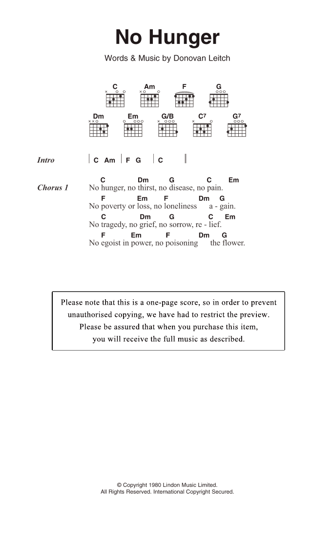 Donovan No Hunger sheet music notes and chords arranged for Guitar Chords/Lyrics