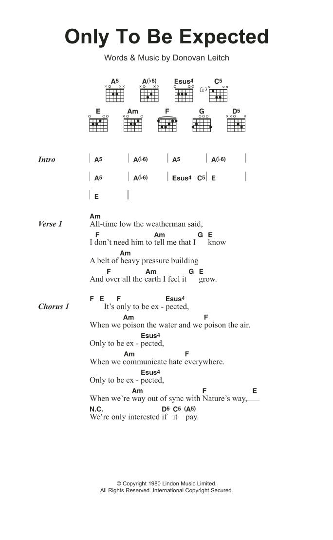 Donovan Only To Be Expected sheet music notes and chords arranged for Guitar Chords/Lyrics