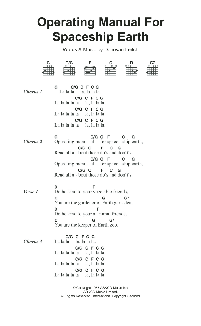 Donovan Operating Manual For Spaceship Earth sheet music notes and chords arranged for Guitar Chords/Lyrics