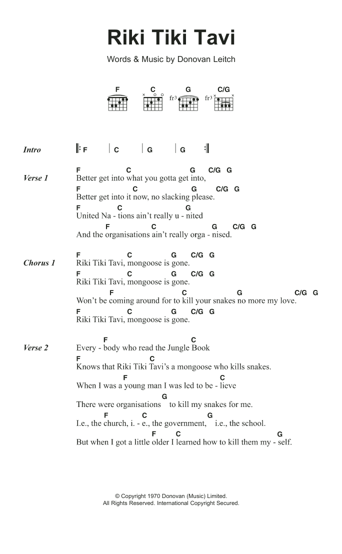 Donovan Riki Tiki Tavi sheet music notes and chords arranged for Guitar Chords/Lyrics