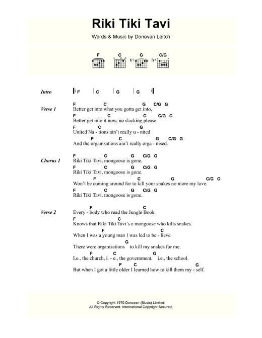 Donovan Riki Tiki Tavi sheet music notes and chords arranged for Guitar Chords/Lyrics