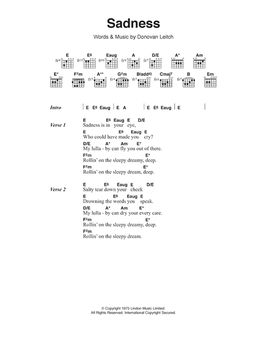 Donovan Sadness sheet music notes and chords arranged for Guitar Chords/Lyrics