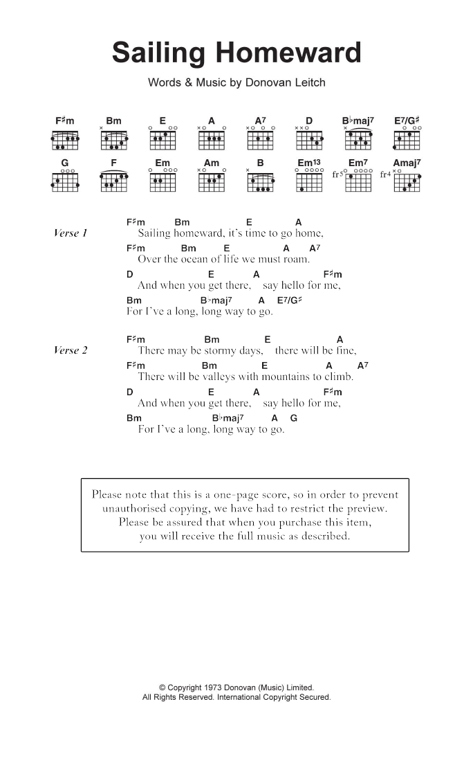 Donovan Sailing Homeward sheet music notes and chords arranged for Guitar Chords/Lyrics