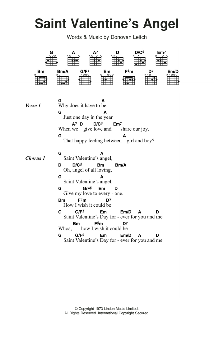 Donovan Saint Valentine's Angel sheet music notes and chords arranged for Guitar Chords/Lyrics