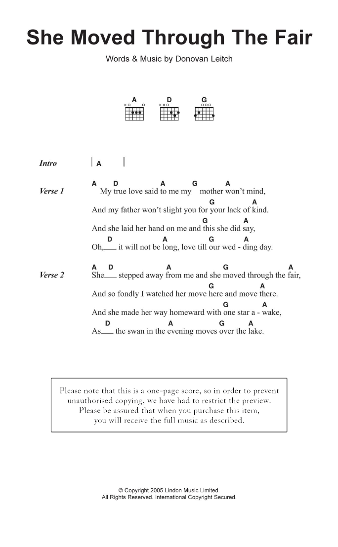 Donovan She Moved Through The Fair sheet music notes and chords arranged for Guitar Chords/Lyrics