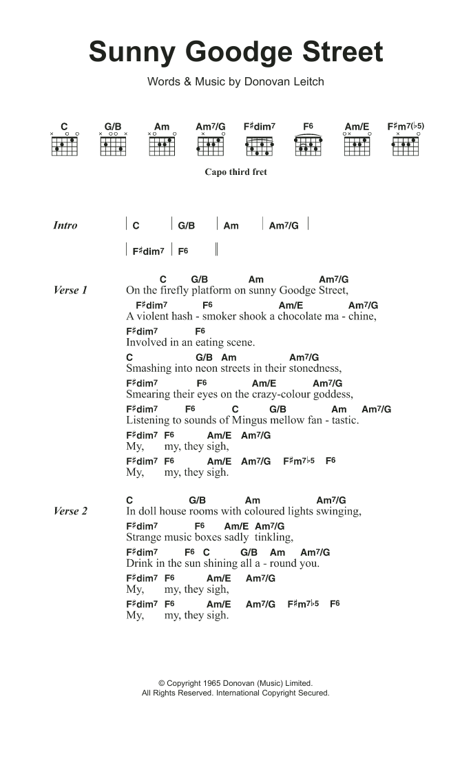 Donovan Sunny Goodge Street sheet music notes and chords arranged for Guitar Chords/Lyrics