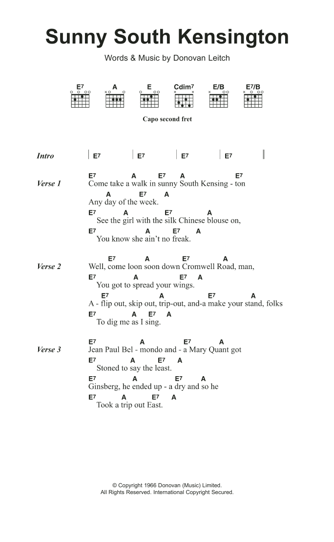Donovan Sunny South Kensington sheet music notes and chords arranged for Guitar Chords/Lyrics
