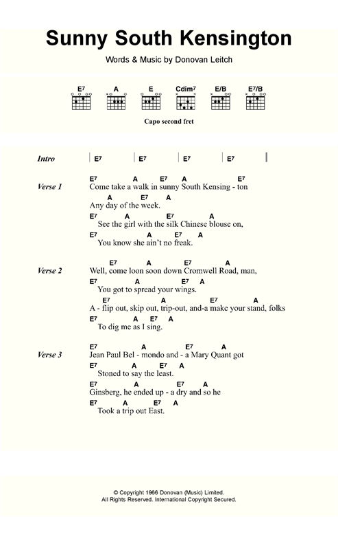 Donovan Sunny South Kensington sheet music notes and chords arranged for Guitar Chords/Lyrics
