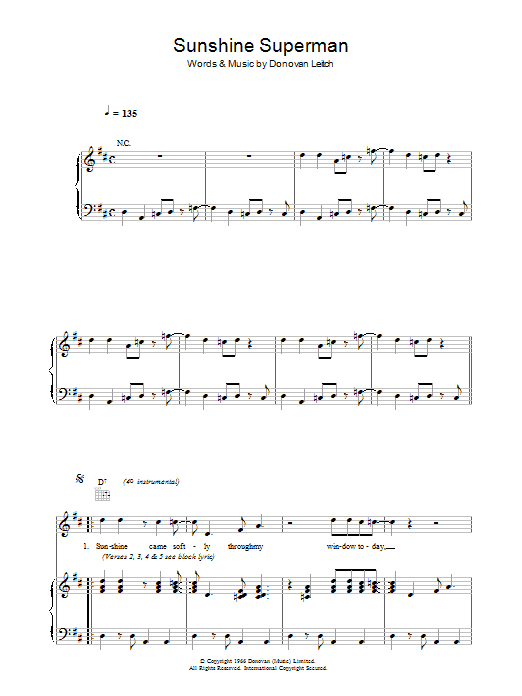 Donovan Sunshine Superman sheet music notes and chords arranged for Piano Chords/Lyrics