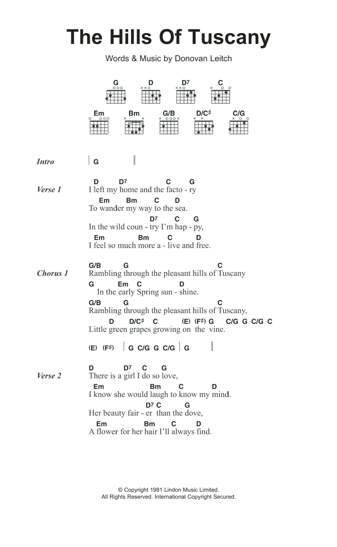 Donovan The Hills Of Tuscany sheet music notes and chords arranged for Guitar Chords/Lyrics