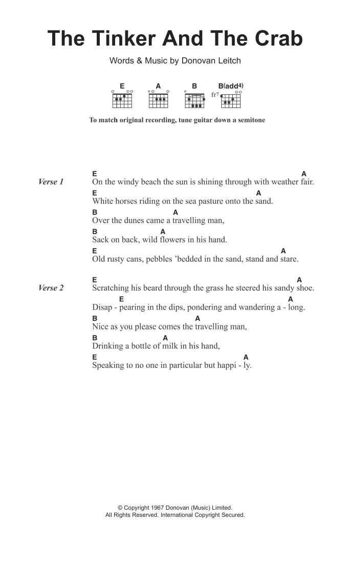Donovan The Tinker And The Crab sheet music notes and chords arranged for Guitar Chords/Lyrics