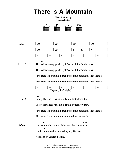 Donovan There Is A Mountain sheet music notes and chords arranged for Guitar Chords/Lyrics