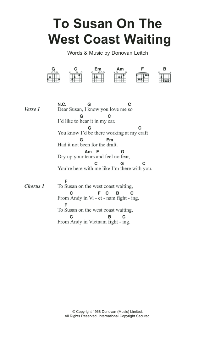 Donovan To Susan On The West Coast sheet music notes and chords arranged for Guitar Chords/Lyrics