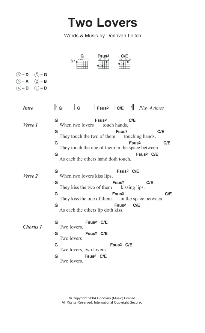 Donovan Two Lovers sheet music notes and chords arranged for Guitar Chords/Lyrics