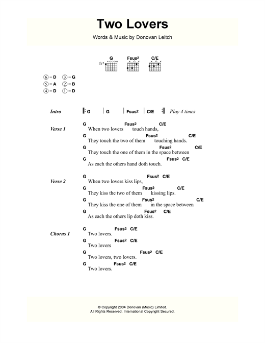 Donovan Two Lovers sheet music notes and chords arranged for Guitar Chords/Lyrics