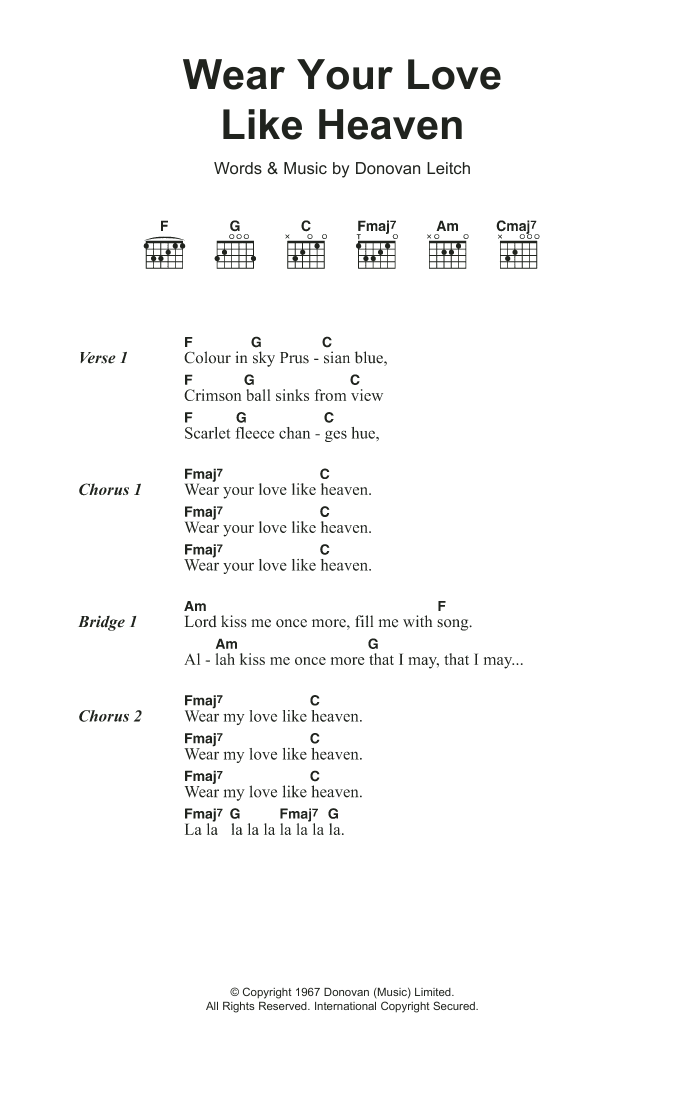 Donovan Wear Your Love Like Heaven sheet music notes and chords arranged for Guitar Chords/Lyrics