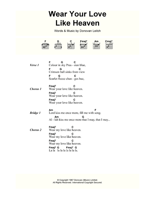 Donovan Wear Your Love Like Heaven sheet music notes and chords arranged for Guitar Chords/Lyrics