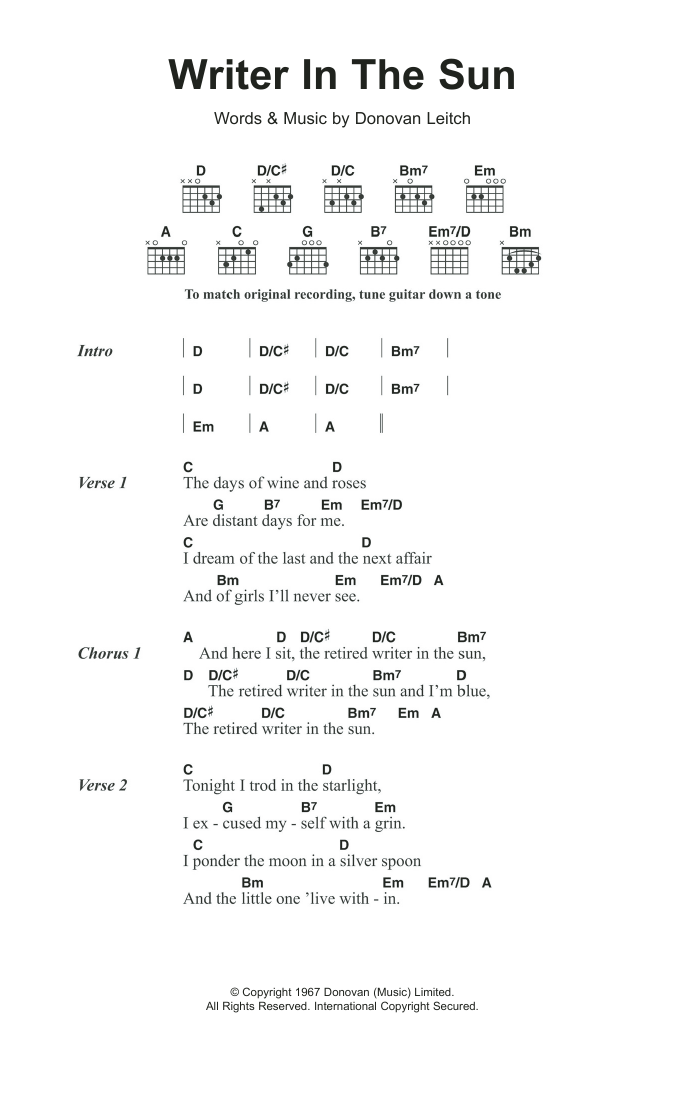 Donovan Writer In The Sun sheet music notes and chords arranged for Guitar Chords/Lyrics