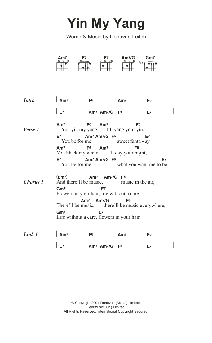 Donovan Yin My Yang sheet music notes and chords arranged for Guitar Chords/Lyrics
